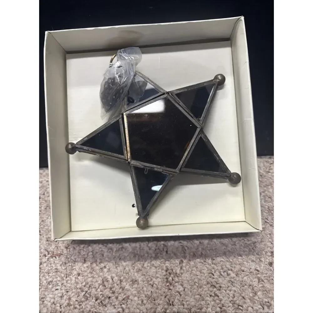 NEW Pier 1 Amber Moroccan Star Lantern Candle Holder Leaded Glass 8” Tea Lights